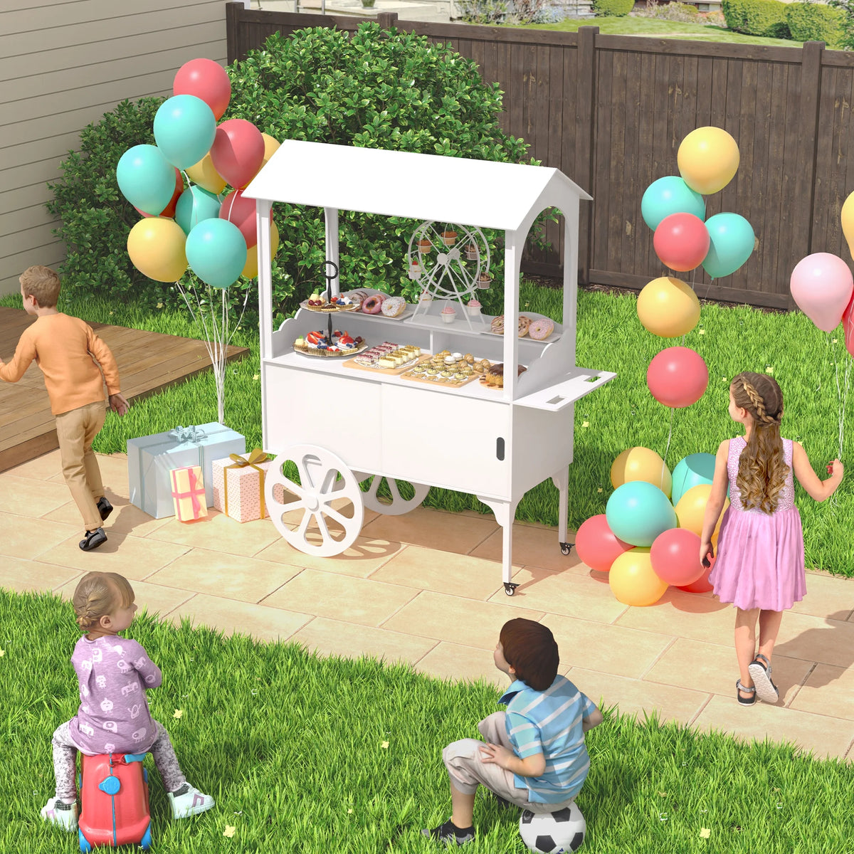 Candy Cart with Wheels for Party，Wood Dessert Cart with Storage Cabinet - image 2