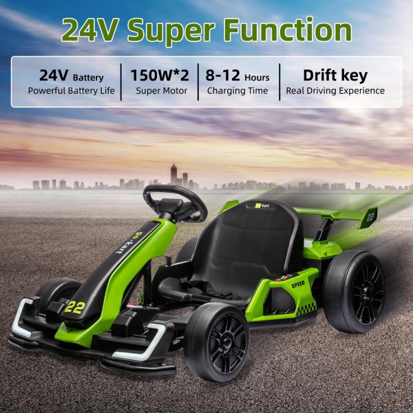 24V Electric Go Kart, with 300W Strong Motor, Drift/Sport Mode, Big Battery, Eva Tire,Length Adjustmen for Outdoor Racing Toy-Green - image 4