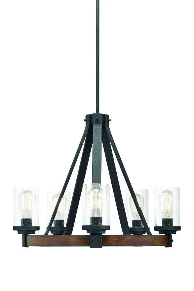 5-Light Distressed Black and Wood Tone Rustic Clear Glass Candle Chandelier - image 1
