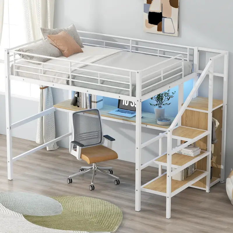Complete Loft Bed Set with Desk, Storage Staircase, Compact Wardrobe, and LED Lighting - image 21