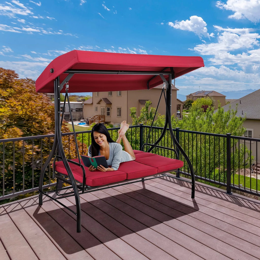 Pirecart 3 Person Patio Porch Swing Outdoor Converting Swing Glider Hammock with Adjustable Canopy, Cushions, Red - image 12