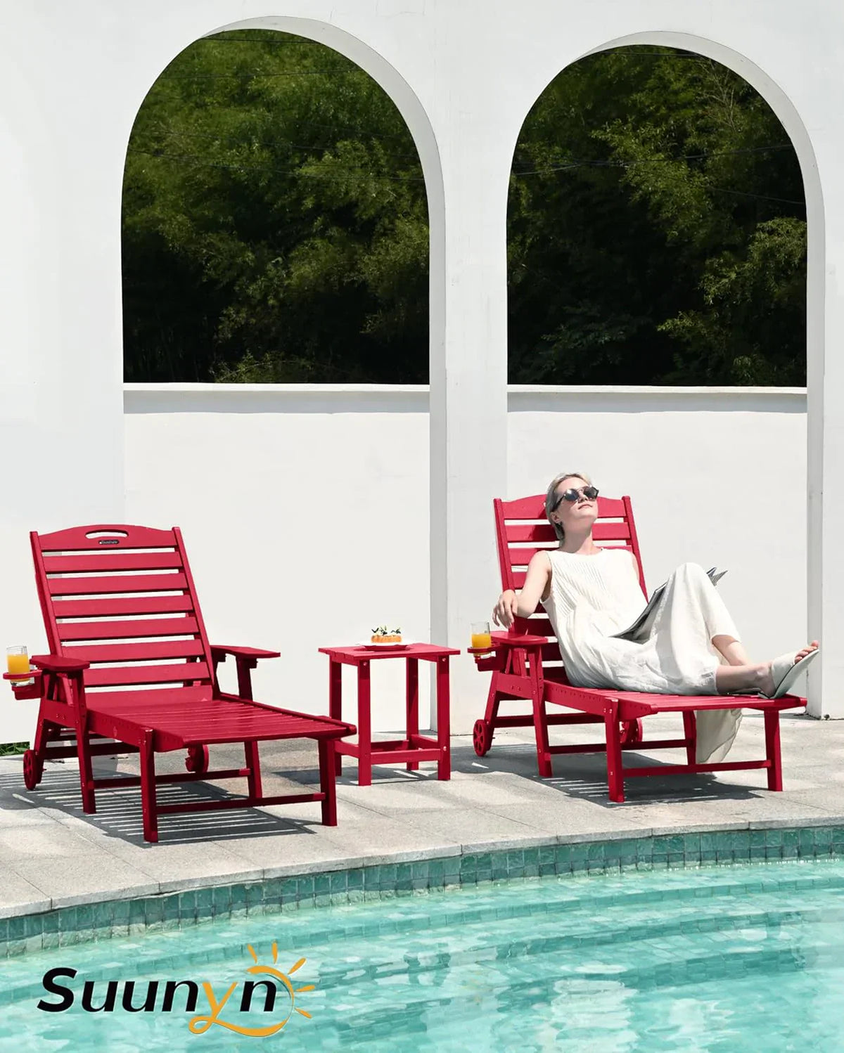 Lounge Chair Outdoor, Chaise Lounge, HDPE 6-Position Outdoor Chaise Lounge, Patio Lounge Chair with Wheels & Cup Holder for Pool Poolside Deck Backyard, Teak - image 7