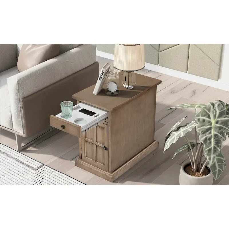 Retro-Inspired Living Room Side Table with USB Ports, Multifunctional Drawer, and Cup Holders - image 5
