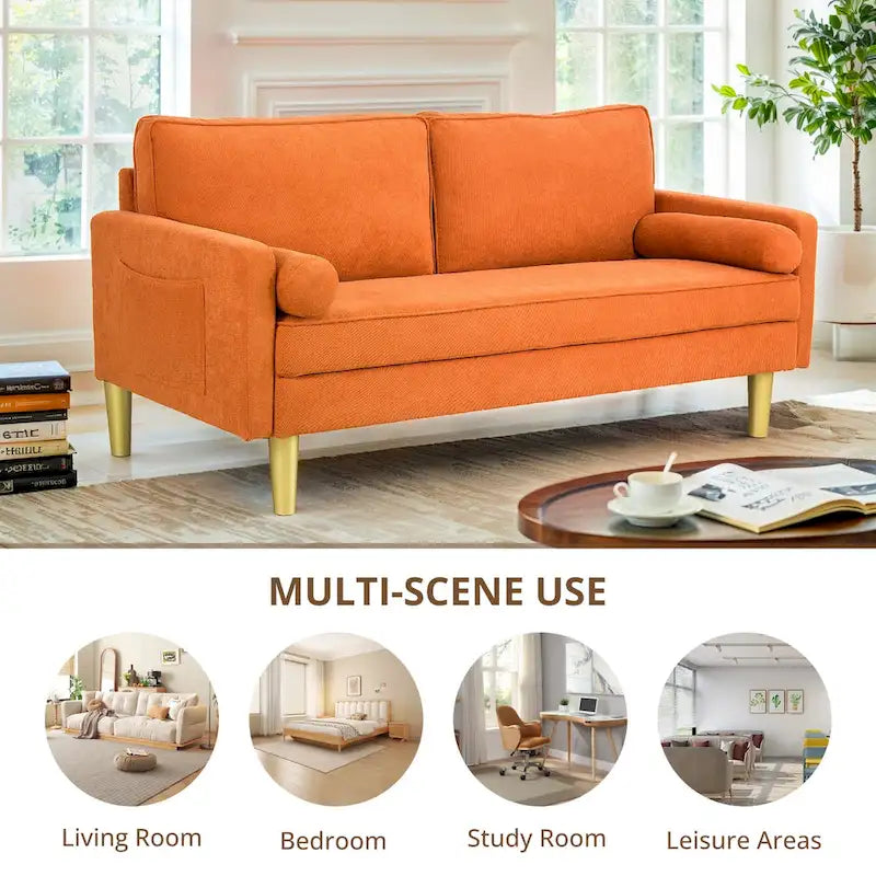 Elegant 65-Inch Orange Polyester 2-Seater Loveseat with Side Pockets and Round Cushions - image 10