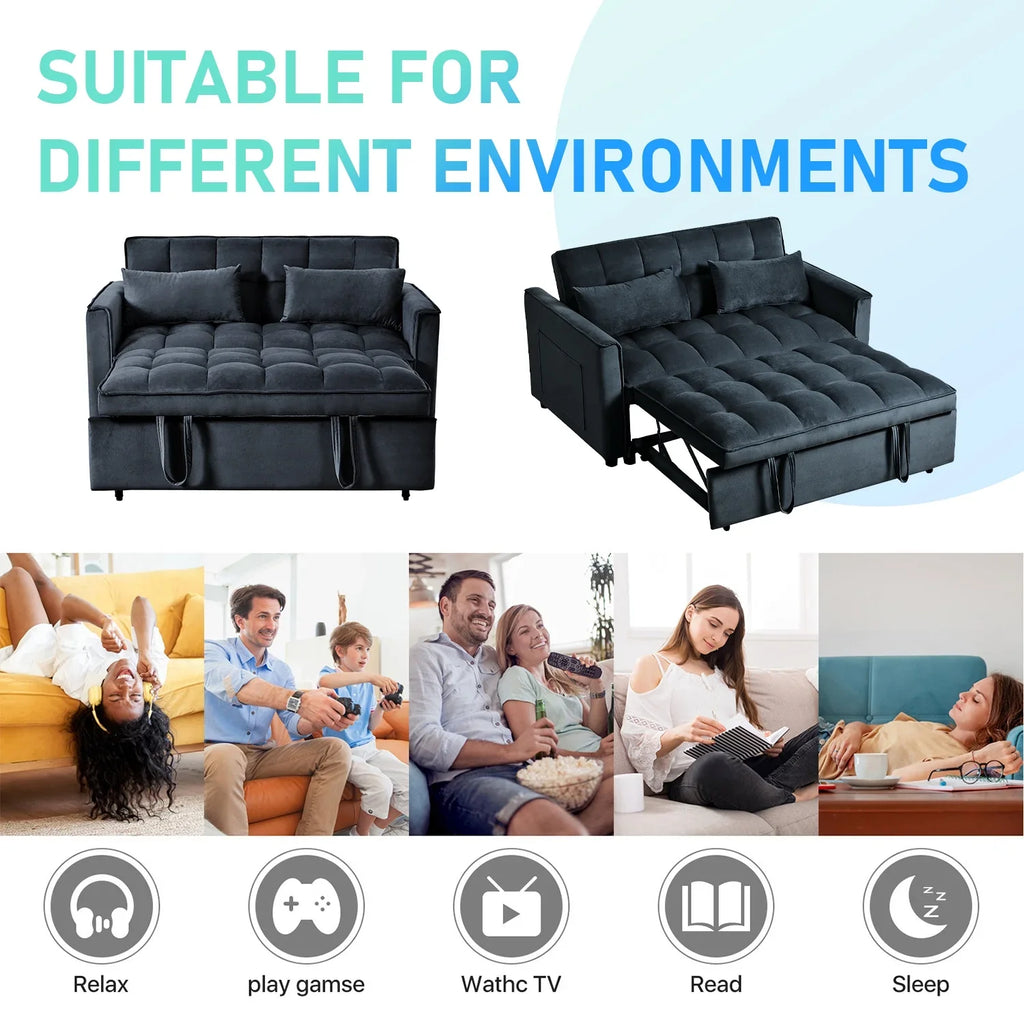 3 in 1 Convertible Sleeper Sofa Bed, Futon Couches for Living Room with Side Pocket / Adjustable Backrest/ Velvet Fabric / Pull Out Couch / Love-seat sofa/ Sectional Sofa Bed/ 2-seat sofa bed - image 3