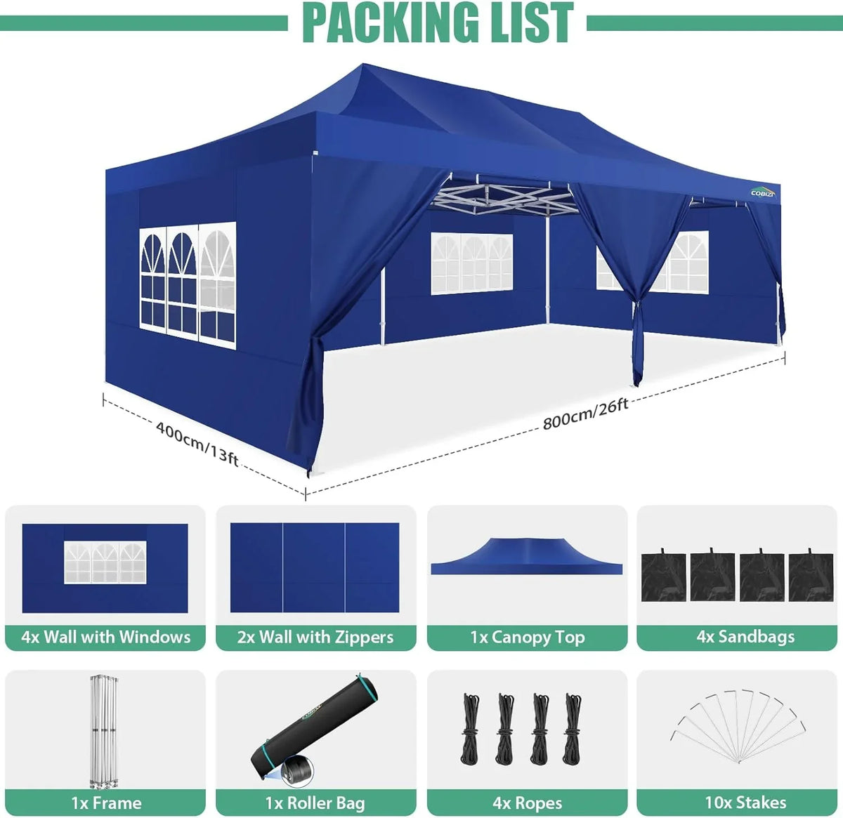 COBIZI 10x20 Heavy Duty Pop up Canopy Tent with 6 sidewalls Easy Up Commercial Outdoor Canopy Wedding Party Tents for Parties All Season Wind & Waterproof Gazebo with Roller Bag,Black(Frame Thickened) - image 230