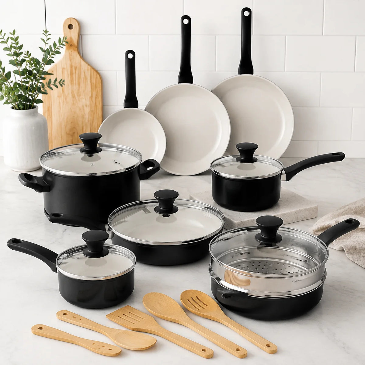 16 Piece Ceramic Nonstick Cookware Set Black Pots and Pans Set with Lids Durable Kitchen Cooking Set - image 2