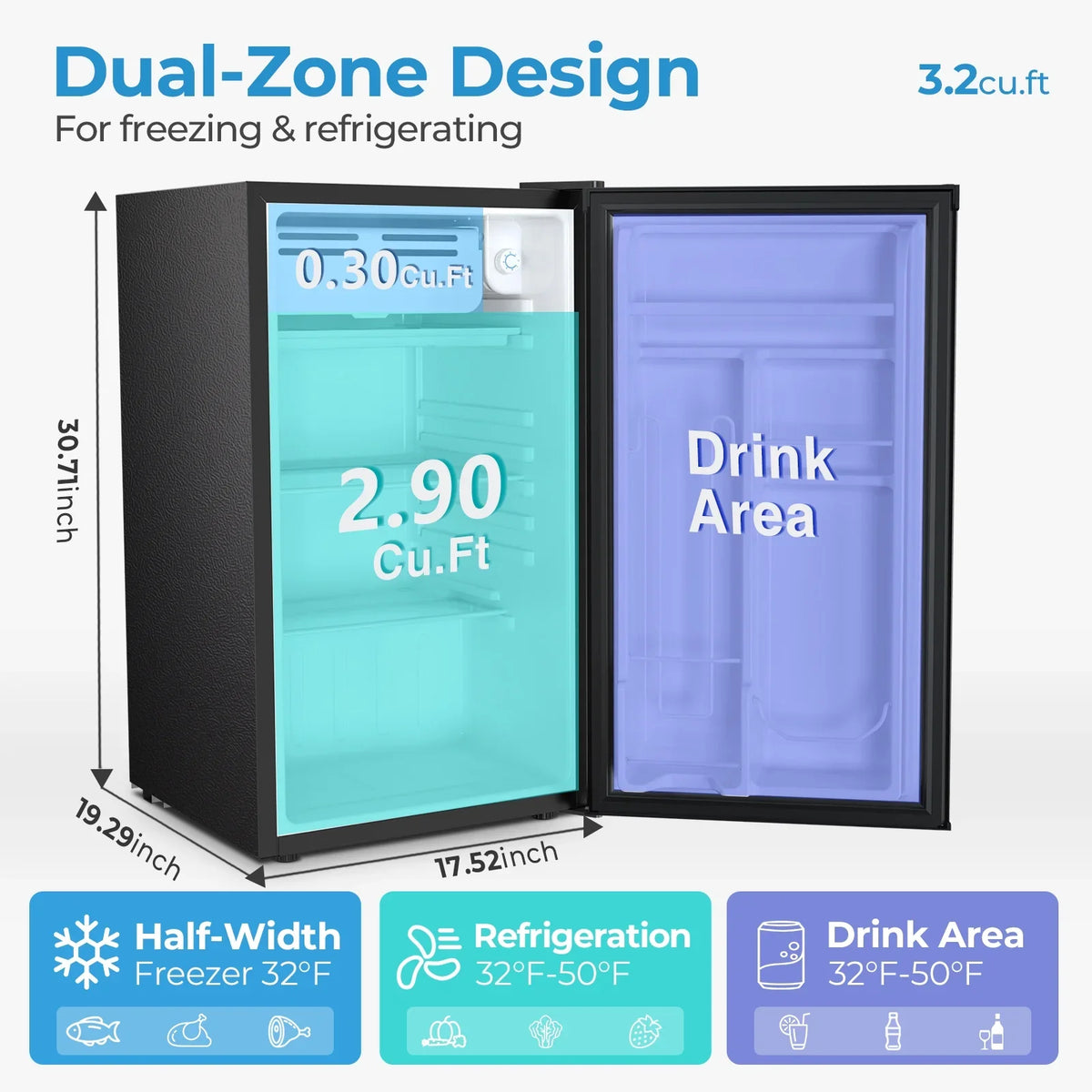 WAA 3.2 Cu.Ft Mini Fridge with Freezer,Single Reversible Door Compact Refrigerator,Adjustable Thermostat,2 Removable Shelves,Small Dorm Fridge for Bedroom,Office,Kitchen,Dorm,Black - image 4