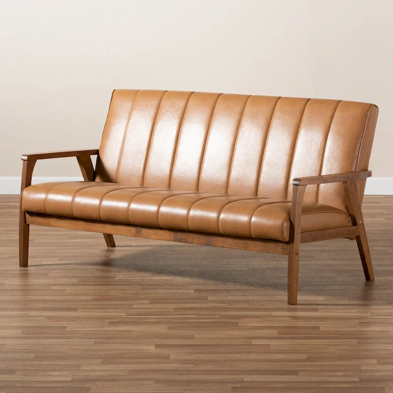 Nikko Tan Faux Leather Sofa with Walnut-Finished Wood Accents - image 10