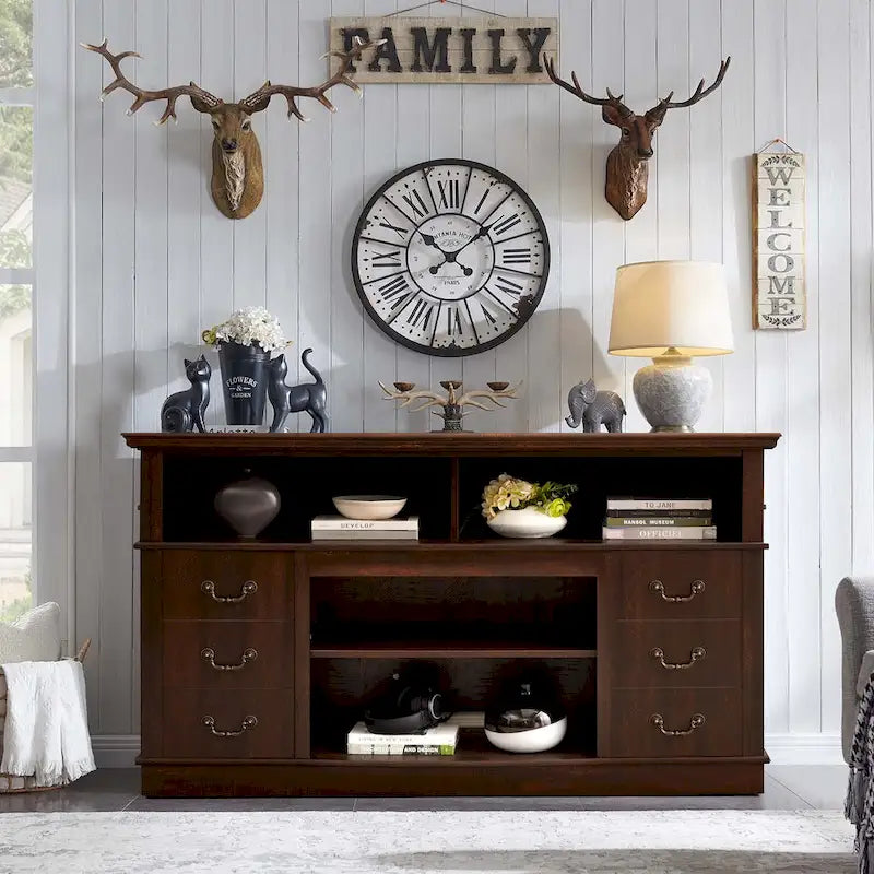 60-Inch Retro TV Stand Entertainment Center with 2 Cabinets and Open Shelves - Dimensions: 60W x 15.75D x 34.25H - image 7