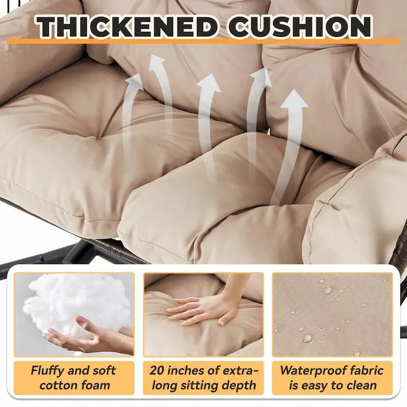 Outdoor Swing Loveseat with Stand, Foldable Hanging Chair, Hammock Cushion, and Awning, Double Egg Chair - Beige - image 7