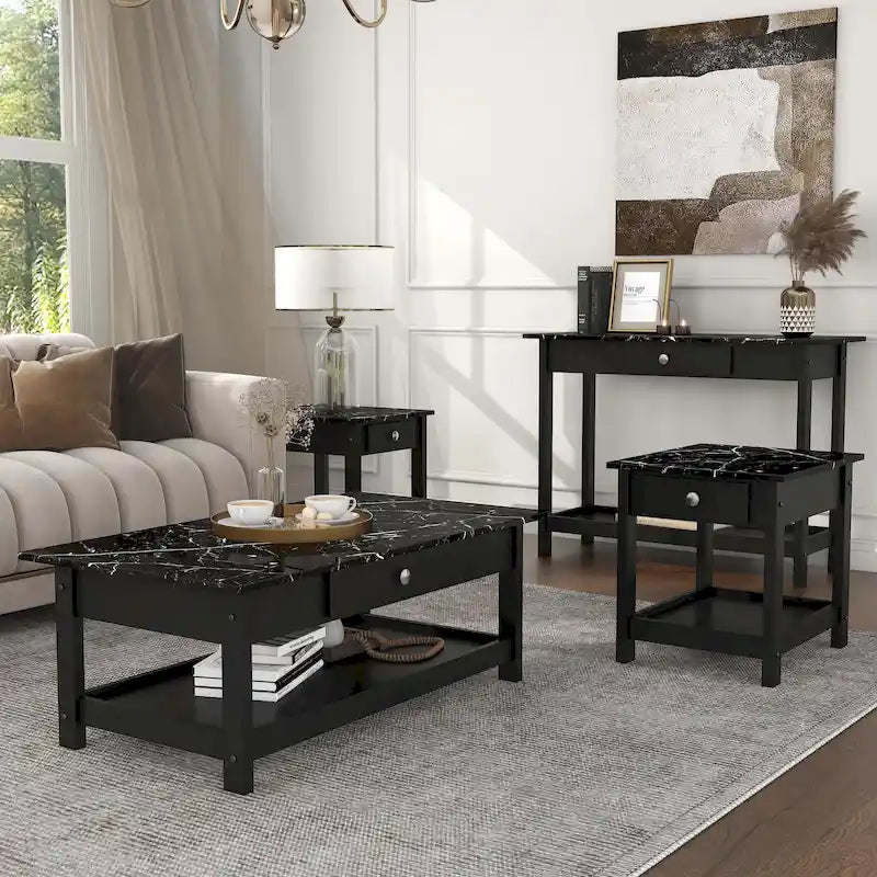 Denhour DH BASIC 4-Piece Open-Shelf Coffee Table Set with Drawer in Transitional Rubberwood - image 2