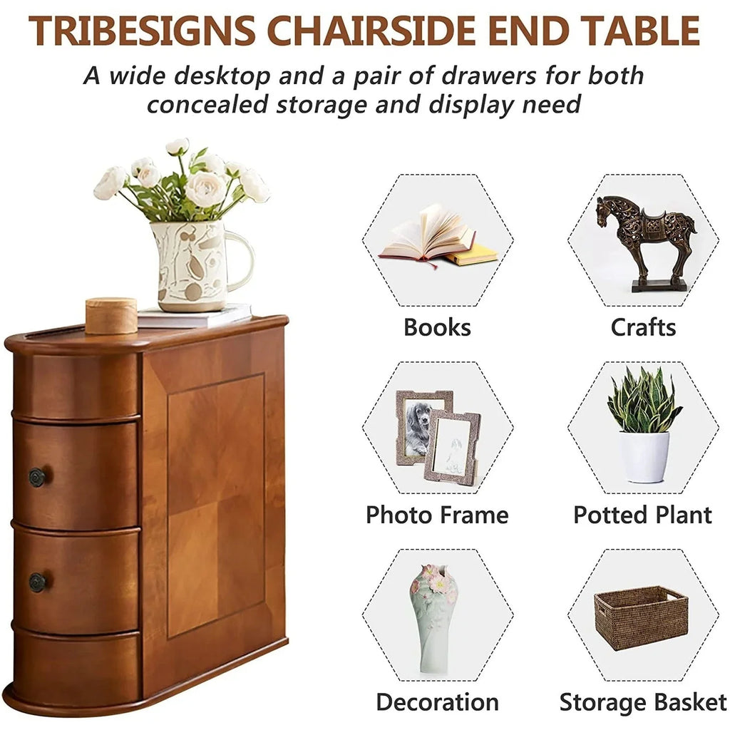 Solid Wood Chairside End Table, Two-Drawer Narrow Side Table Slim - image 11