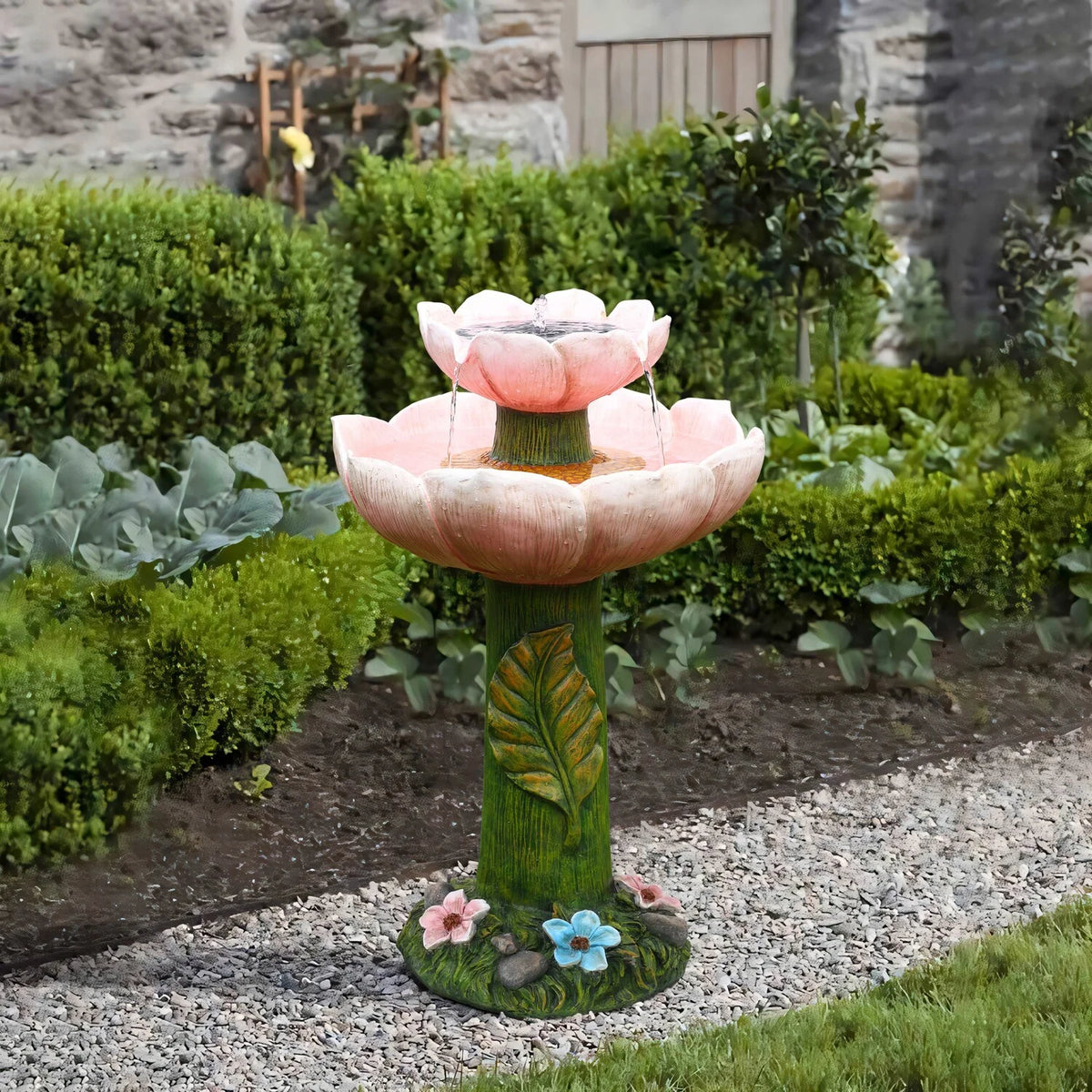 Luxenhome Solar Powered Pink Flower 2 - Tier Resin Birdbath Fountain with Lights - image 2