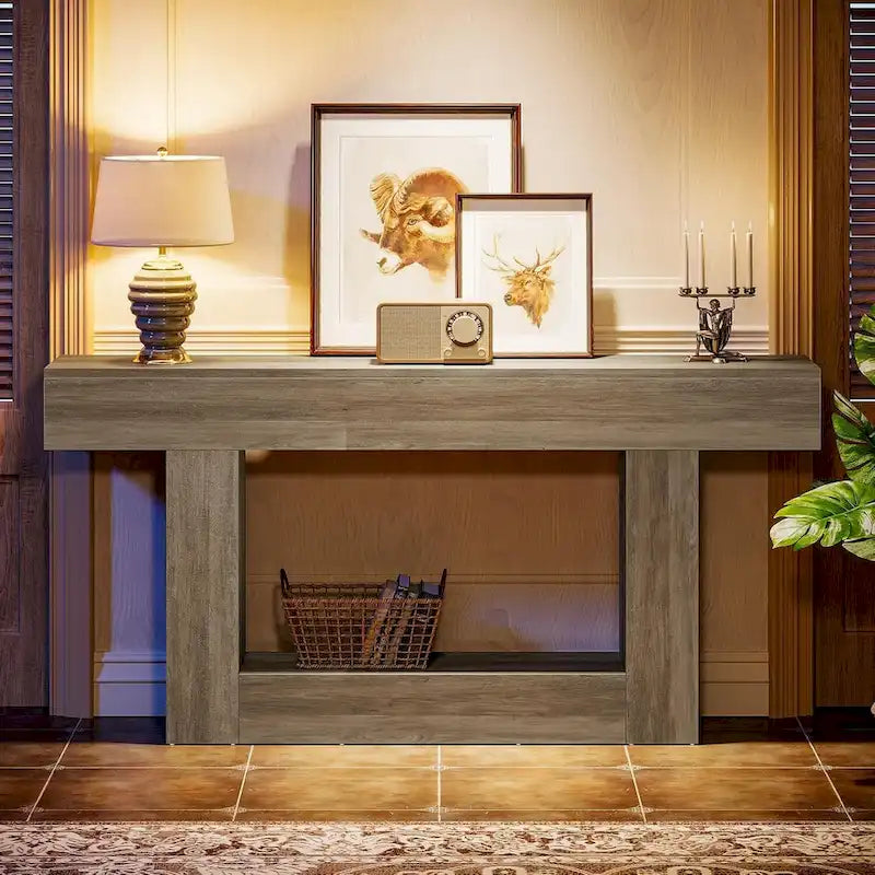 63-Inch Brown and Gray Slim Wooden Console Table for Entryway - image 24