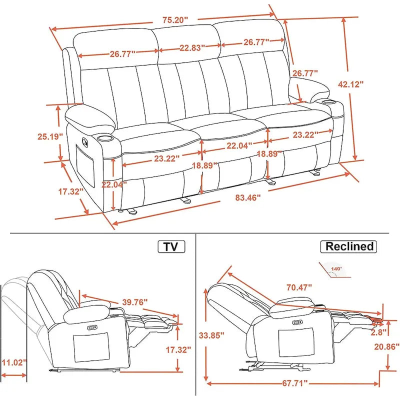 MCombo Faux Leather Electric Reclining Sofa with Heat and Massage - Models 6095/6075/6077 - image 32