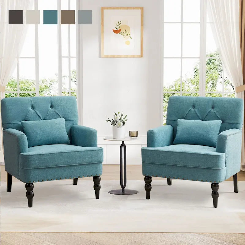 Set of 2 Arm Chair Upholstered Button Tufted Accent Chair with Lumbar Pillow Beige/ Grey/ Light Blue - image 11