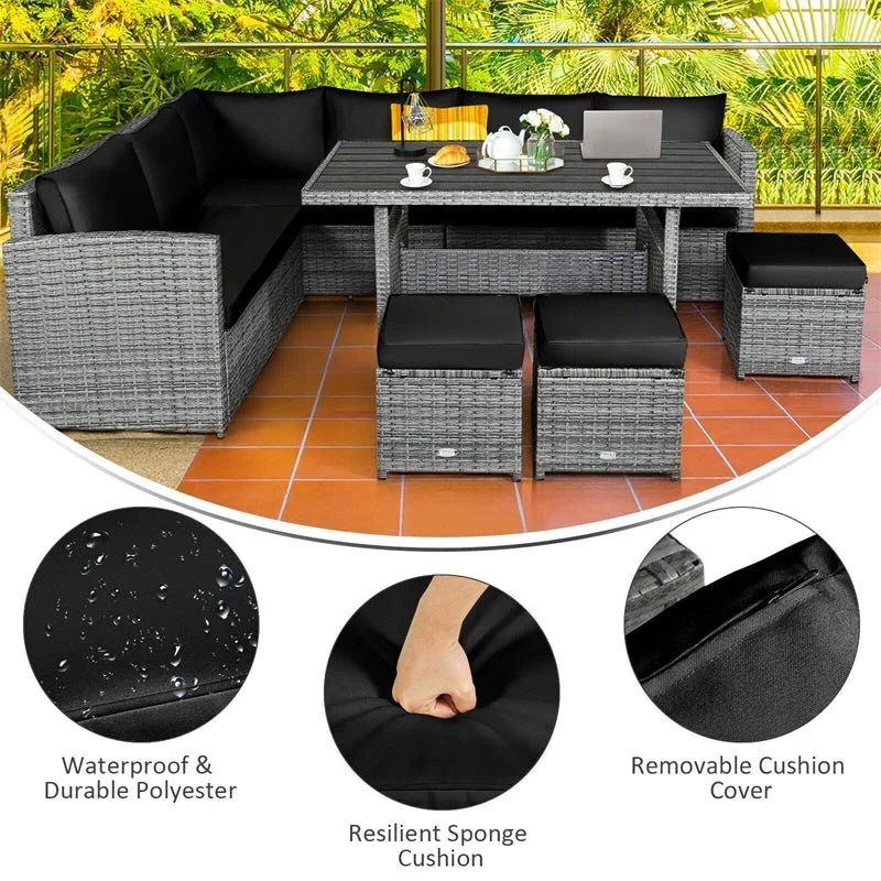 7 Pcs Rattan Patio Dining Furniture Sectional Sofa Set with Dining Table, Ottomans & Cushions - image 62