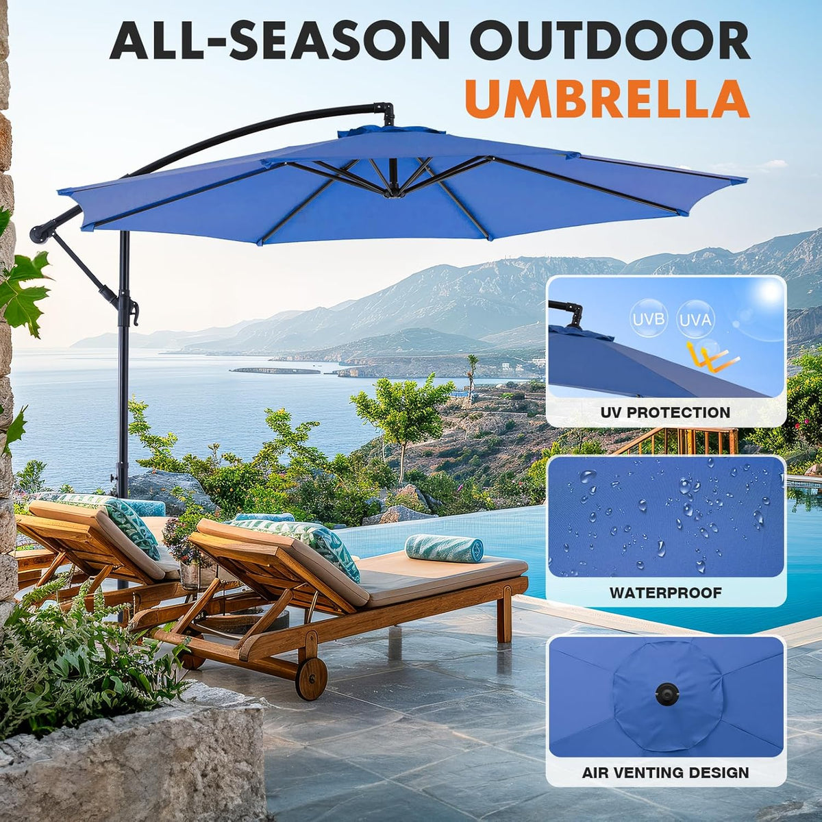 9.8FT Offset Patio Umbrella Hanging Cantilever Umbrella Outdoor Sun Shade with Easy Tilt Adjustment, 8 Ribs, UV Protection for Backyard, Lawn, Garden and Pool, Blue - image 27