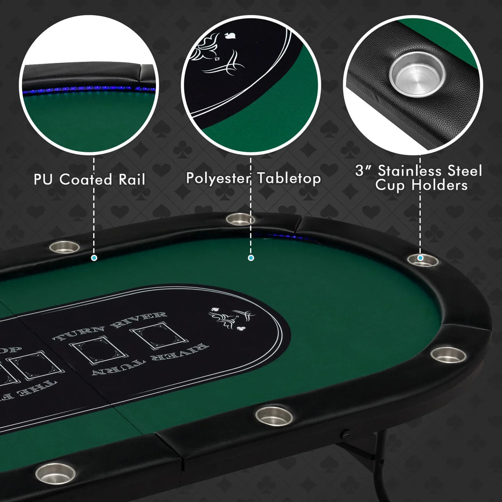 Costway Foldable, USB Ports, LED Lights 10 Player Poker Table, Blue/Black - image 18