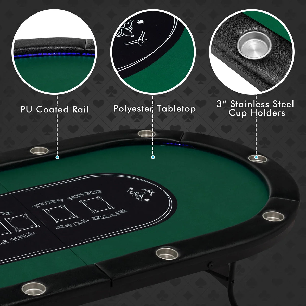 Costway Foldable, USB Ports, LED Lights 10 Player Poker Table, Blue/Black - image 18