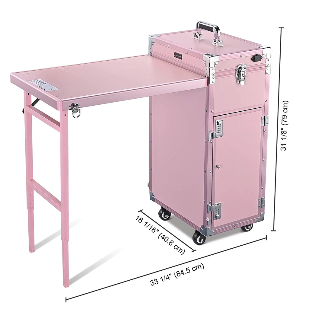 BYOOTIQUE Nail Desk Mobile Station Rolling Makeup Train Case Trolley Cosmetic Manicure Table Mirror 4 Drawers Pink - image 6