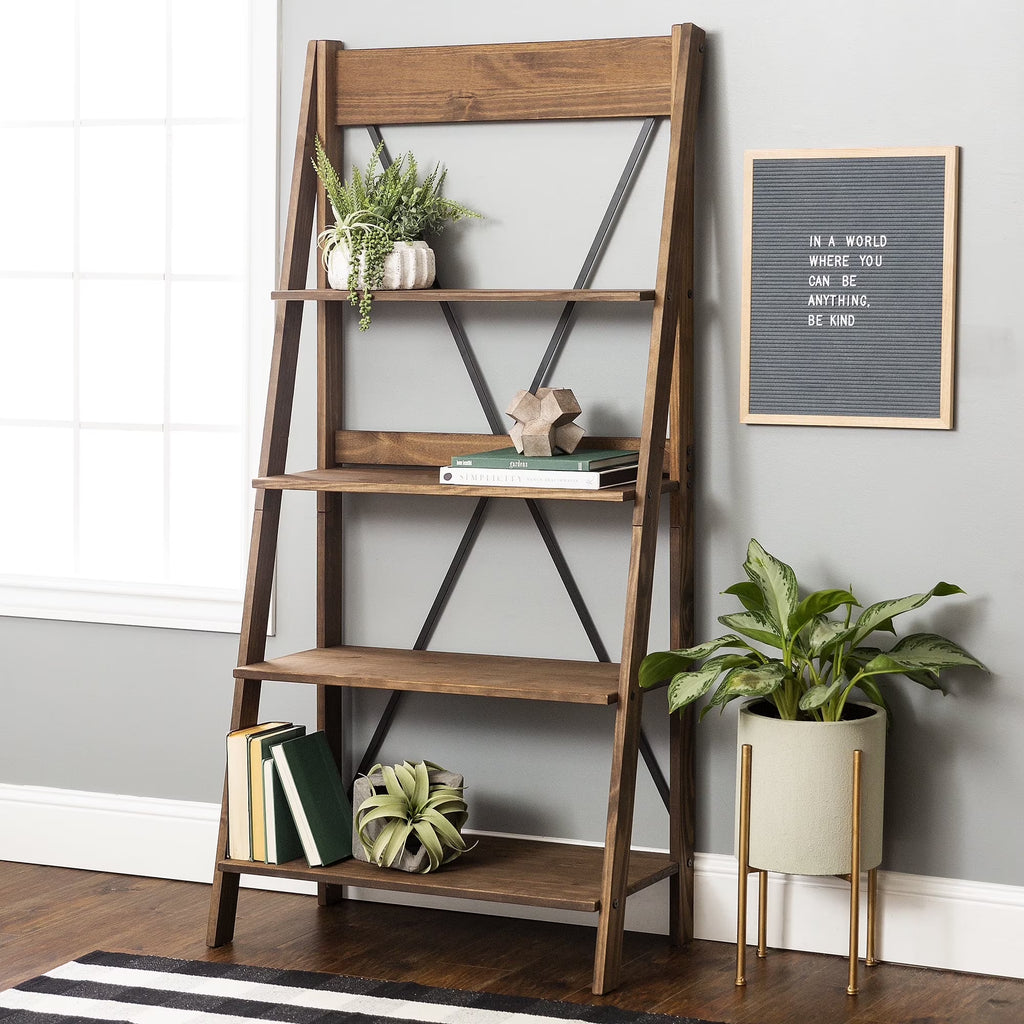 Walker Edison Solid Wood 4-Shelf Ladder Bookshelf, Brown - image 1