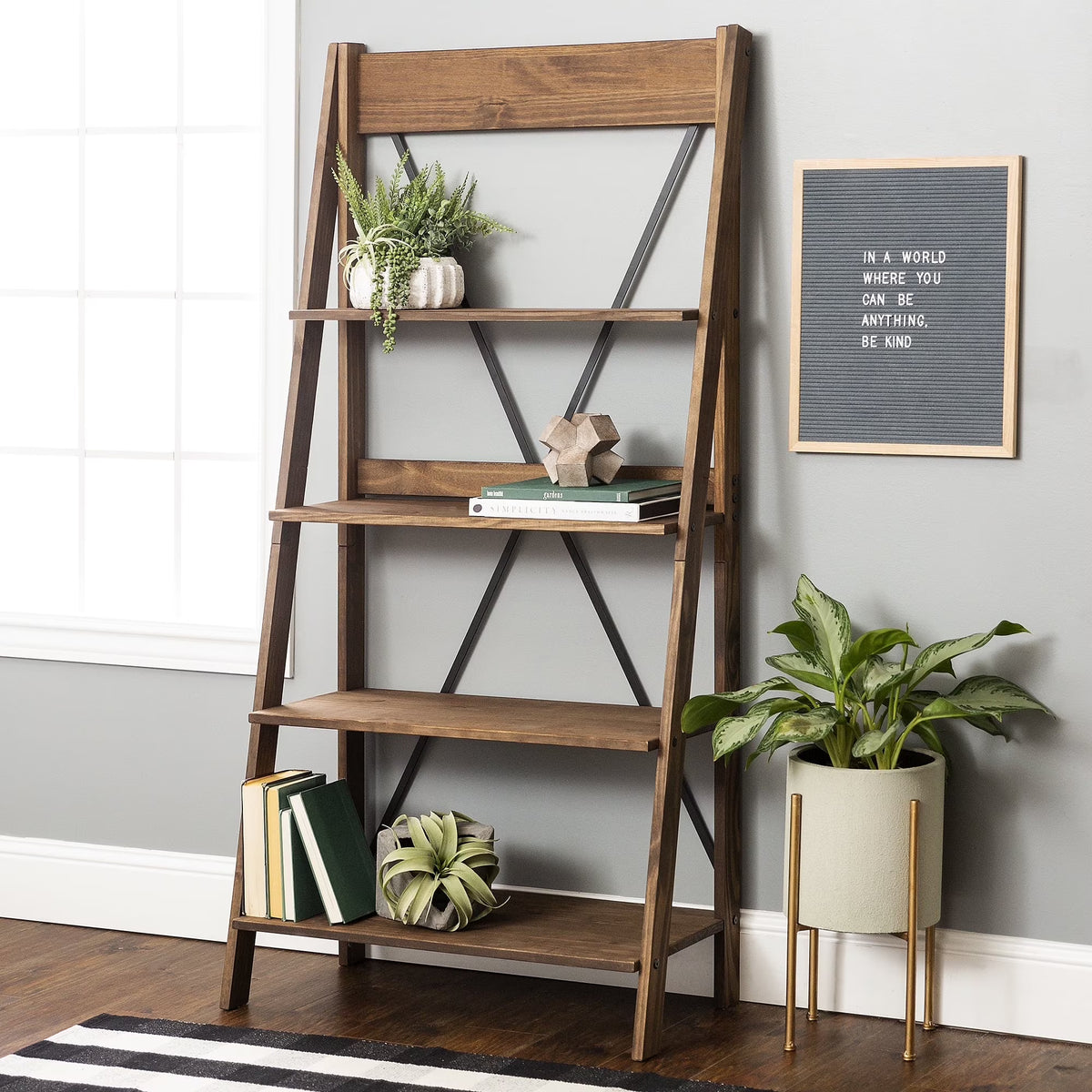 Walker Edison Solid Wood 4-Shelf Ladder Bookshelf, Brown - image 1