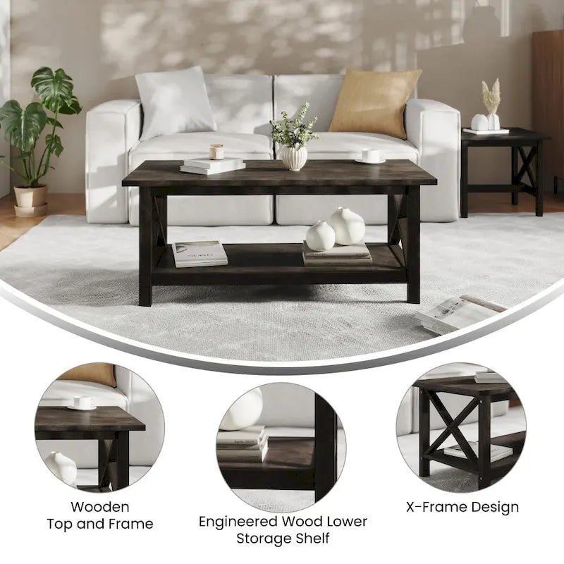 Farmhouse Coffee Table with Shelf and X-Frame Design - image 8
