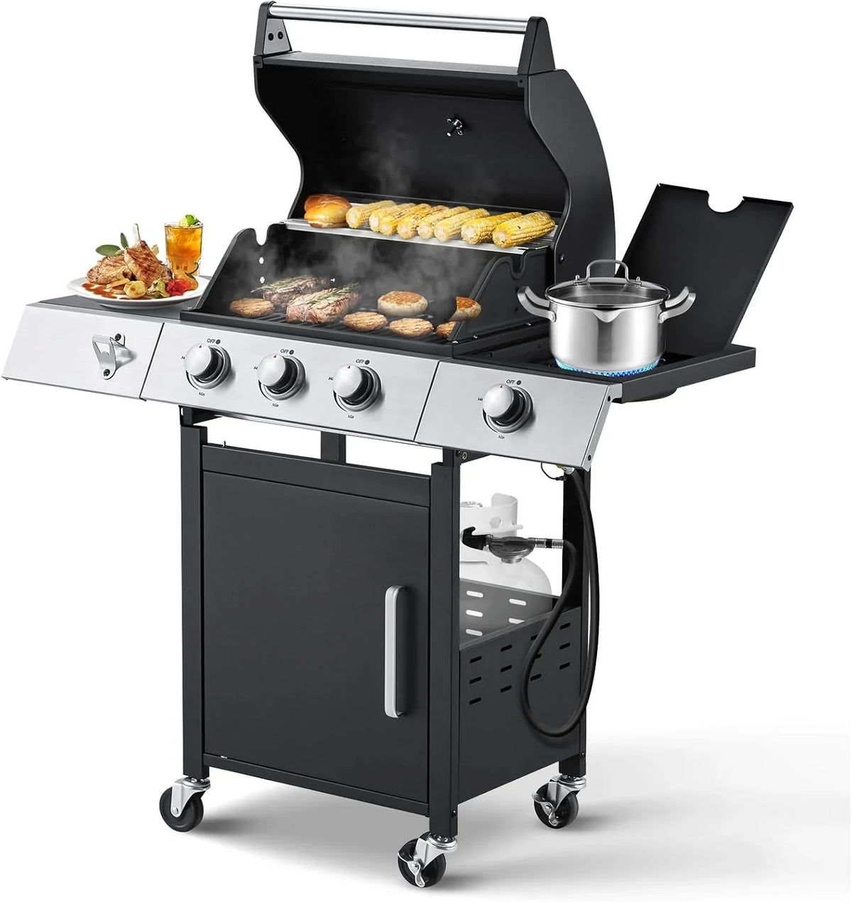 Upgraded 4 Burner BBQ Propane Gas Grill with Cast Iron Grates & Side Stove, 44,000 BTU Stainless Steel Burner Barbecue Grill for Patio, Camping, Outdoor Cooking. - image 3