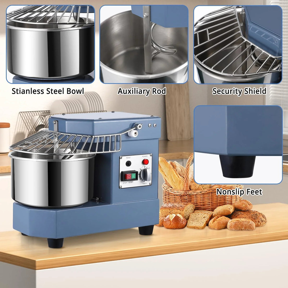 2025  8Qt Commercial Food Mixer, 450W Dual Rotating Dough Kneading Machine w Food-grade Stainless Steel Bowl, Security Shield & Timer, Commercial - image 4