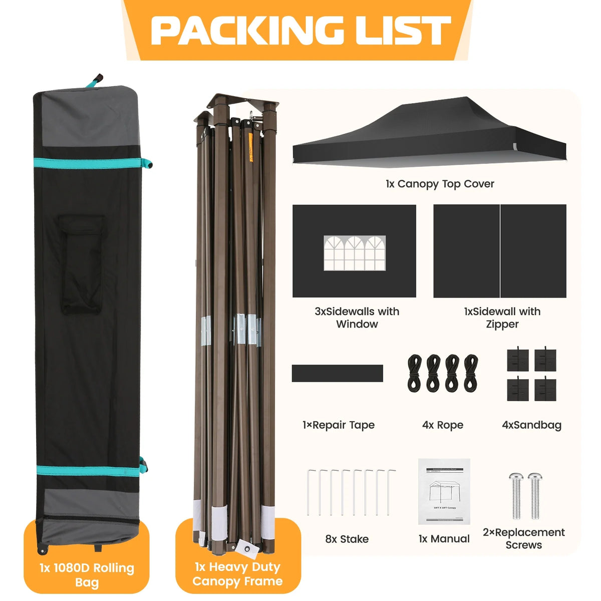 COBIZI 10x15 Pop Up Canopy Tent Heavy Duty with Sidewall, Commercial Outdoor Easy Pop Up Gazebo for Party Wedding All Weather Waterproof UV 50+ with Roller Bag(Leg Upgraded),Black - image 3