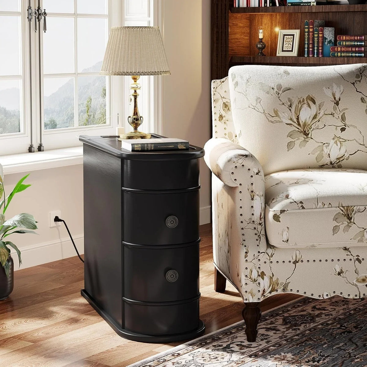 Solid Wood Chairside End Table, Two-Drawer Narrow Side Table Slim - image 52