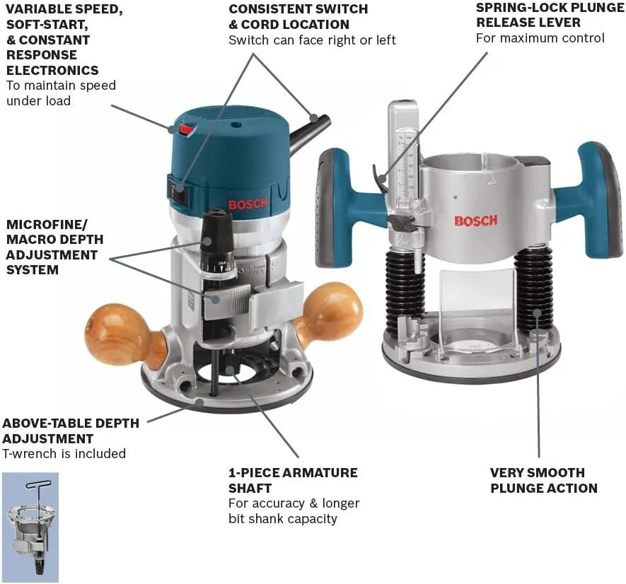 BOSCH 1617EVSPK Wood 12 Amp Router Tool Combo Kit - 2.25 Horsepower Plunge Router & Fixed Base with a Variable Speed - image 3