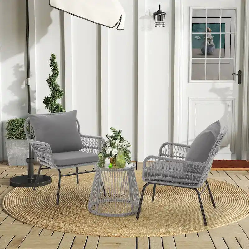 3-Piece Patio Conversation Bistro Set, Outdoor Rattan Furniture Set with Glass Table & 2 Wide Armchairs, Seat Cushions - image 25