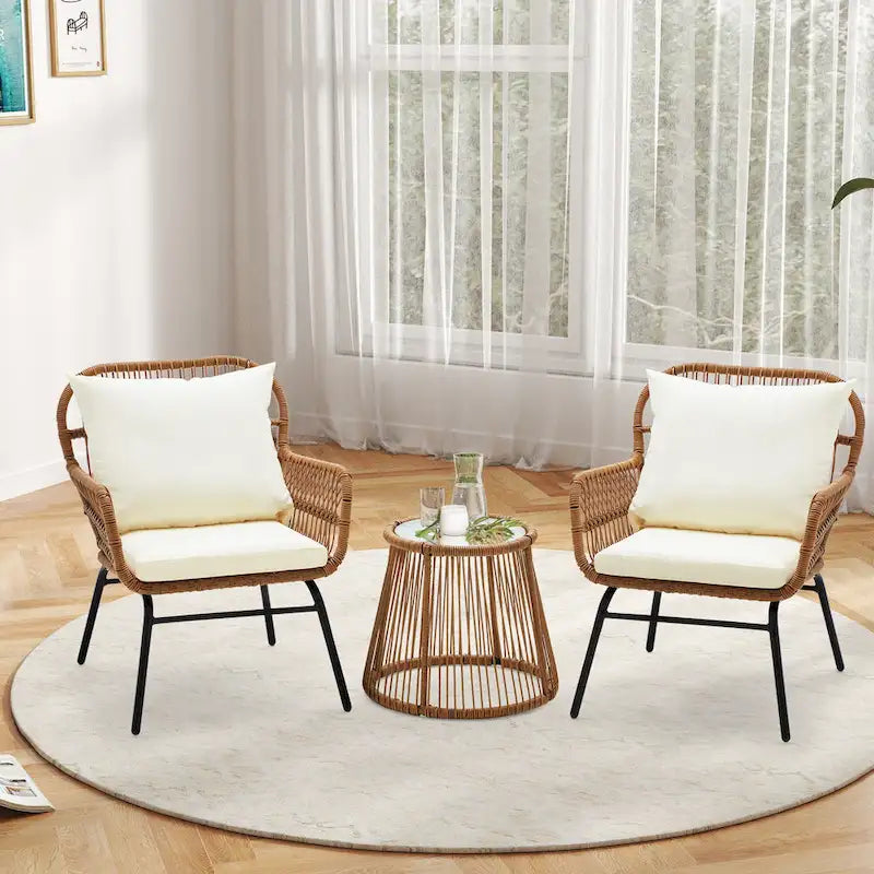3-Piece Patio Conversation Bistro Set, Outdoor Rattan Furniture Set with Glass Table & 2 Wide Armchairs, Seat Cushions - image 23