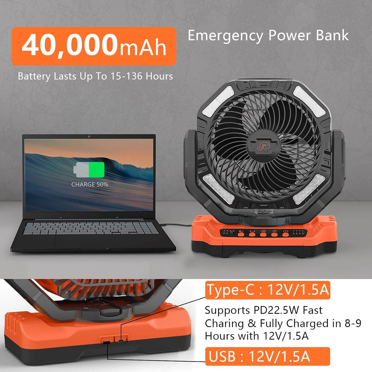 40,000mAh Battery Operated Fan, 13" Remote Camping Fan with LED Auto-Oscillating Rechargeable Fan Powerful Portable Desk Fan for Home, Camping, RV, Courtyard, Picnic, Emergency Power - image 15