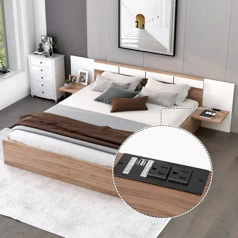 Natural Queen Size Platform Bed with Headboard, Storage Drawers, Shelves, USB Ports, and Outlets - image 2