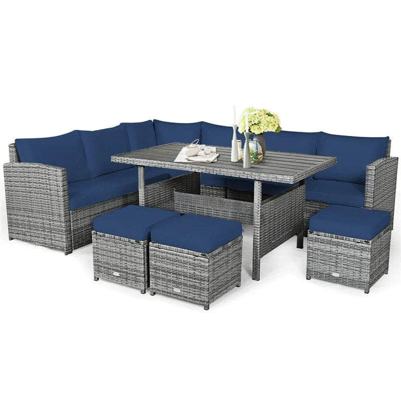 7 Pcs Rattan Patio Dining Furniture Sectional Sofa Set with Dining Table, Ottomans & Cushions - image 24