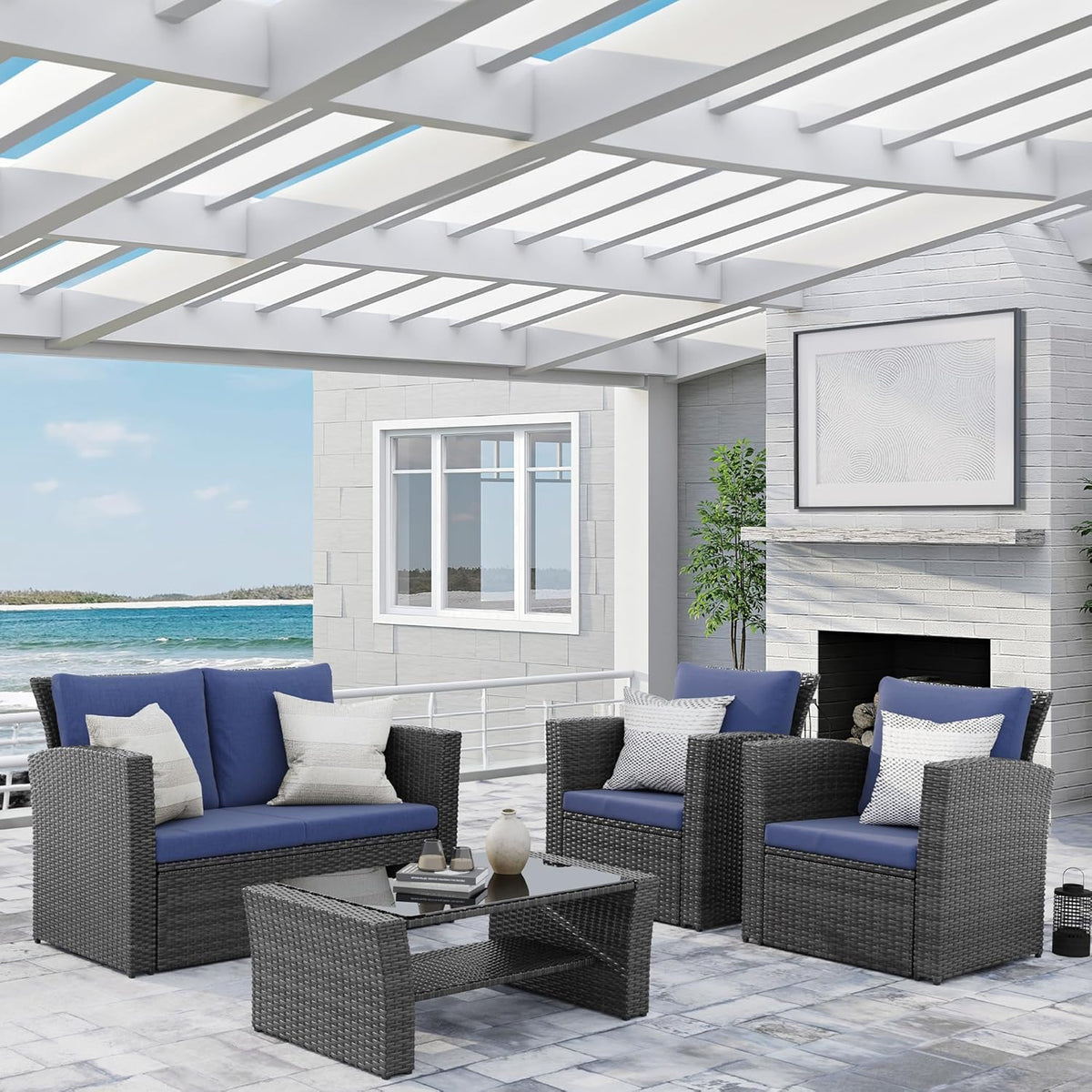 Wisteria Lane 4 Piece Outdoor Patio Furniture Sets, Wicker Conversation Set for Porch Deck, Grey Rattan Sofa Chair with Cushion Blue - image 24