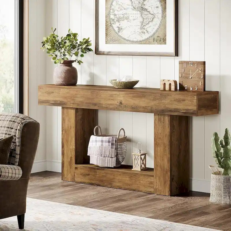 63-Inch Brown and Gray Slim Wooden Console Table for Entryway - image 4