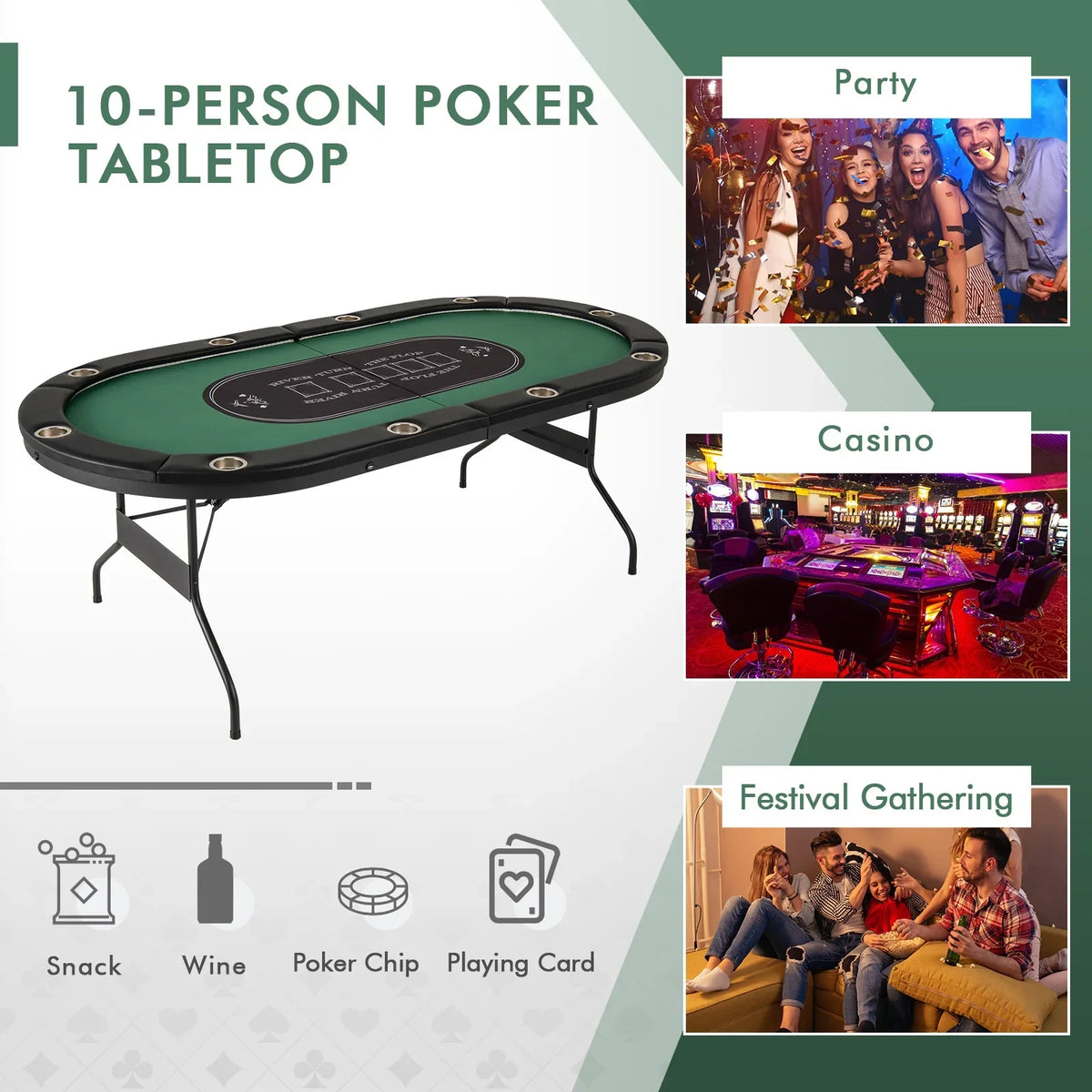 Costway Foldable, USB Ports, LED Lights 10 Player Poker Table, Blue/Black - image 15