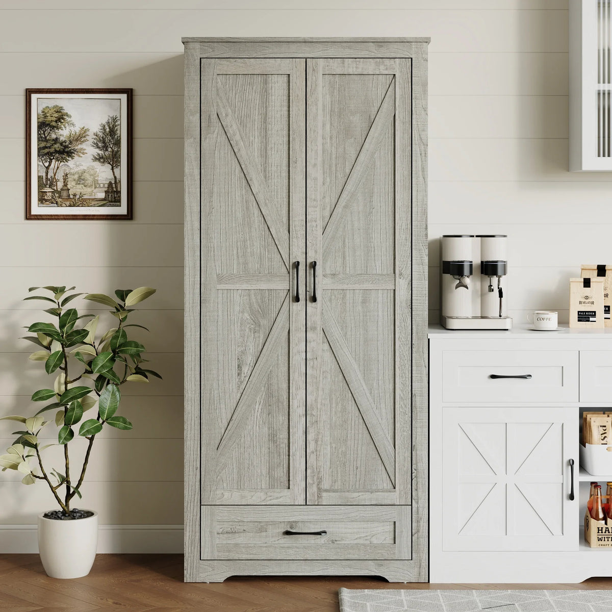 YouTrend 69" Tall Kitchen Pantry,Farmhouse Storage Cabinet with 2 Barn Doors 4 Adjustable Shelves and Large Drawer for Dining Room,Living Room,Bathroom,White - image 17