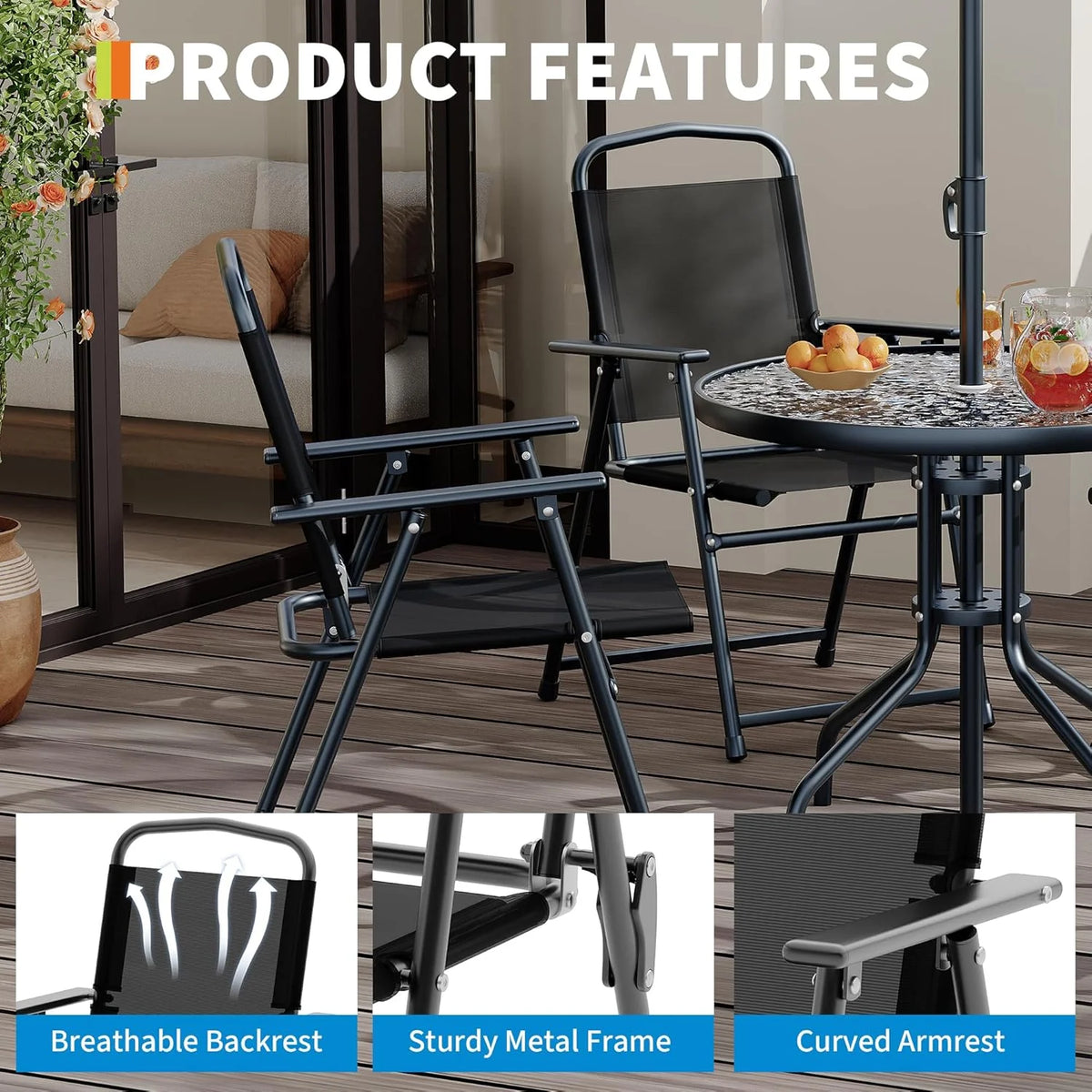 6 Pieces Outdoor Dining Set With Umbrella, Patio Table and 4 Folding Chairs With Umbrella, Garden Patio Furniture Set With Umbrellas, Tempered Glass Top Dining Table - image 6