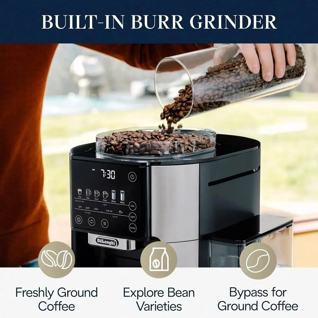 De'Longhi TrueBrew Drip Coffee Maker with Built-in Grinder, Programmable, 6 Brew Sizes, 5 Styles, Stainless Steel, Silver Black - image 3
