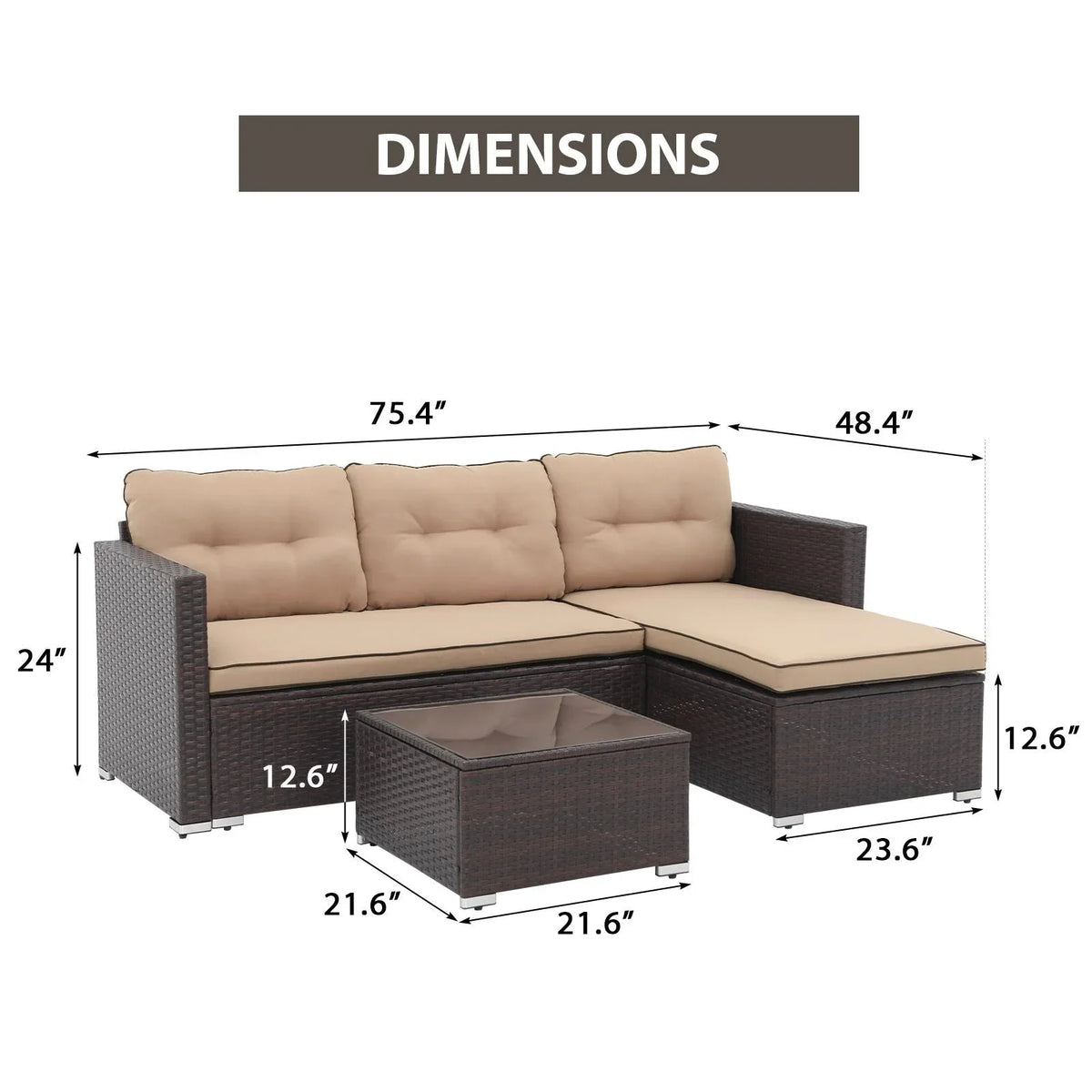 JOIVI 3 Pieces Patio Conversation Set, PE Wicker Rattan Outdoor Furniture Set, 2 Ways Small Sectional Sofa, Tempered Glass Coffee Table, Silver-Gray - image 21