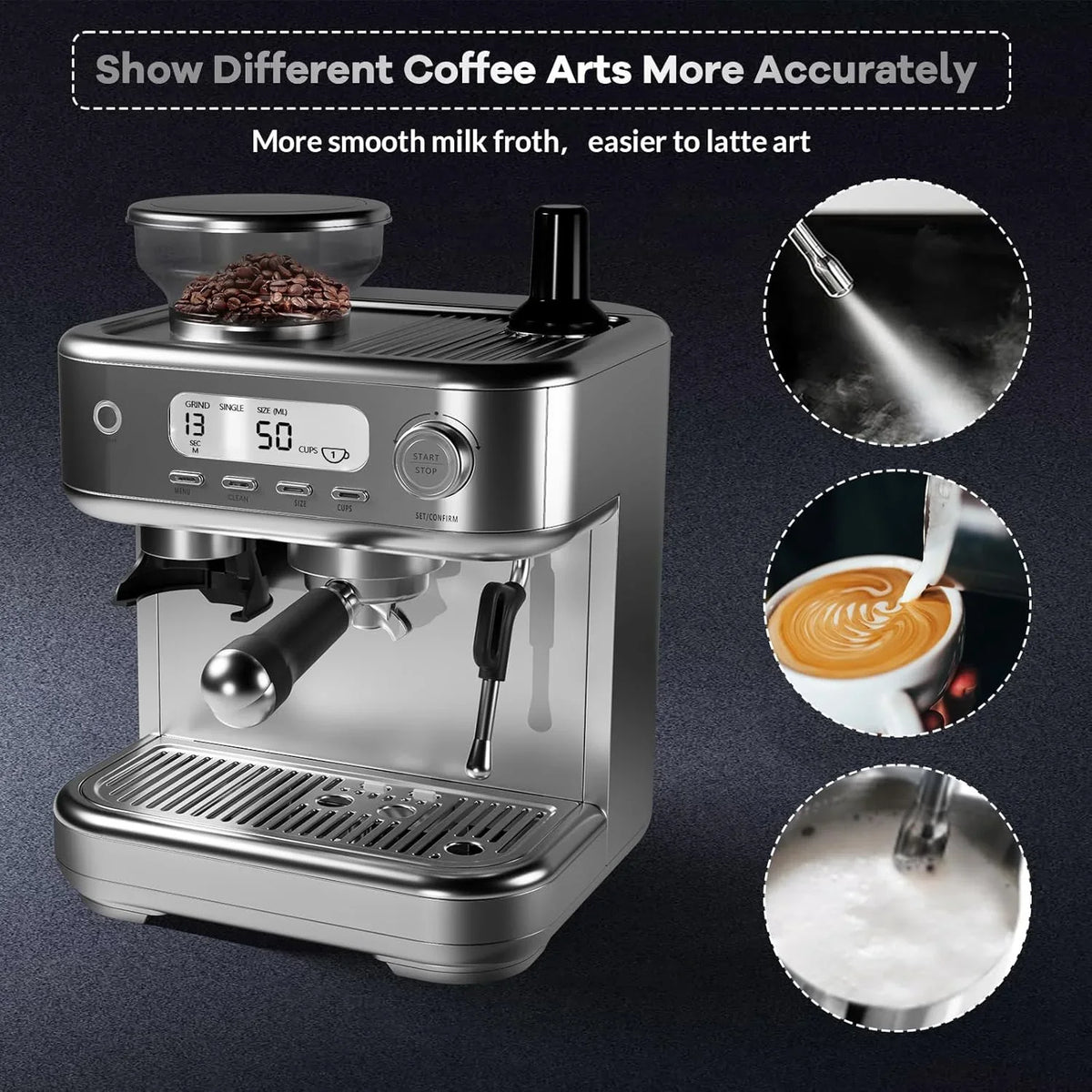 Espresso Machine with Grinder, Professional Coffee and Espresso Maker Combo, Stainless Steel Cafe Espresso Machine with Steam Wand Barista Kit for Cappuccino Latte - image 5