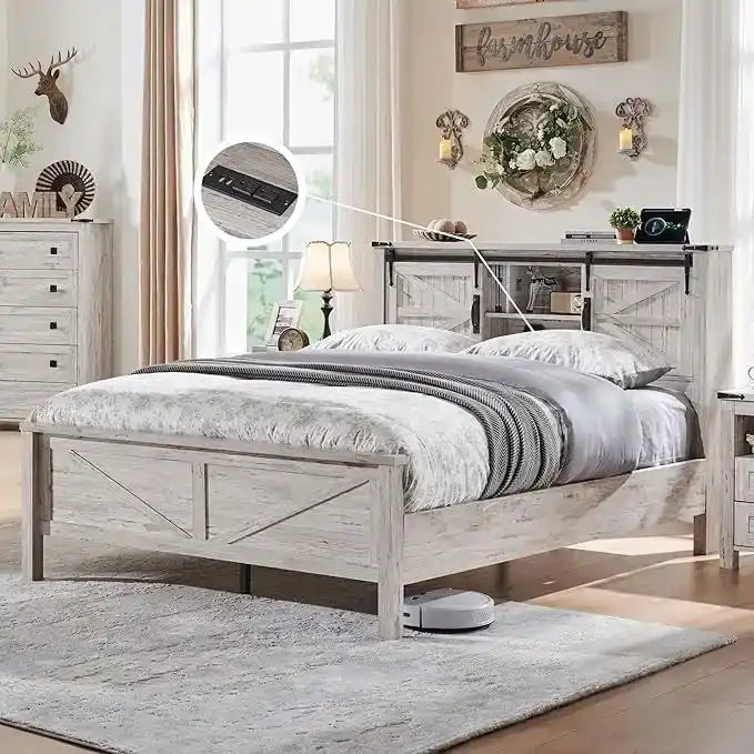 Farmhouse Platform Bed with Storage Headboard Sliding Doors and Charging Station - image 10