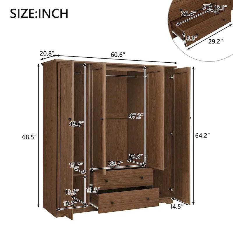 Freestanding 4-Door Wardrobe Armoire with 2 Drawers and Hanging Rods for Clothes Storage - image 19
