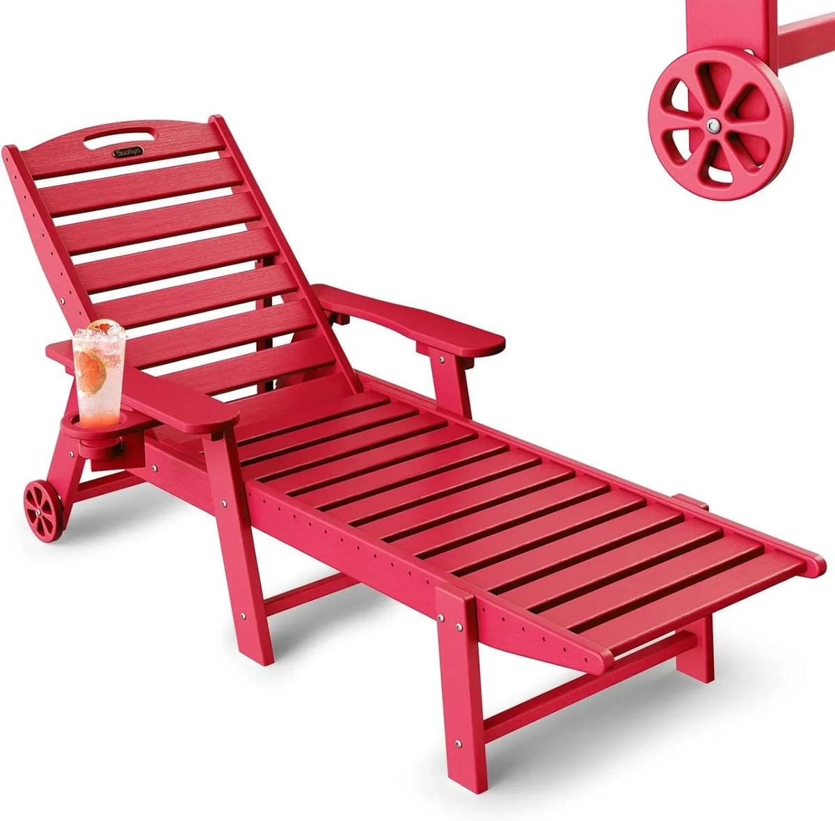 Lounge Chair Outdoor, Chaise Lounge, HDPE 6-Position Outdoor Chaise Lounge, Patio Lounge Chair with Wheels & Cup Holder for Pool Poolside Deck Backyard, Teak - image 1